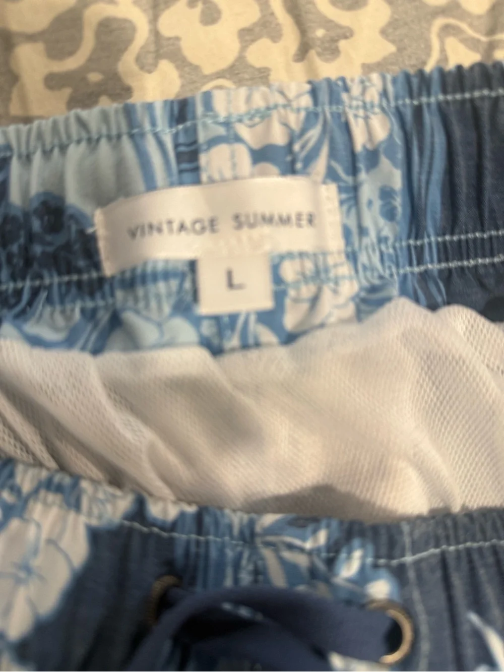 Blue Floral Patchwork Vintage Summer brand Drawstring Swim Shorts